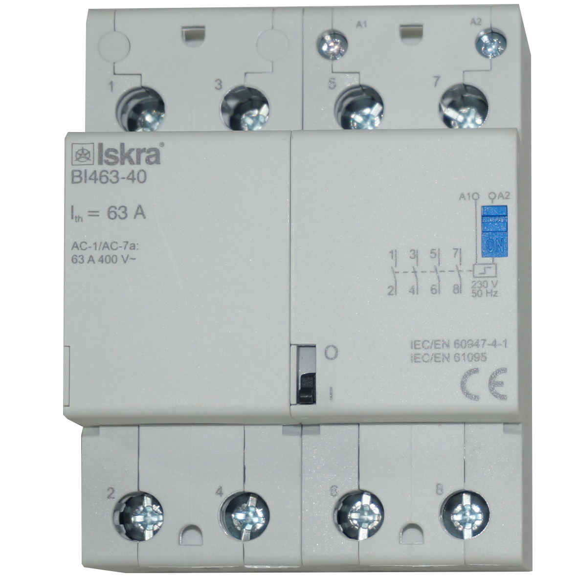 BI463-40-230VAC, Four Pole 4 x SPST NO Bistable Switch/Latching Relay with Manual Control, 440VAC, 63 Amp 230VAC Coil Voltage (Resistive) BI463-40-230VAC, Four Pole 4 x SPST NO Bistable Switch/Latching Relay with Manual Control, 440VAC, 63 Amp 230VAC Coil Voltage (Resistive)